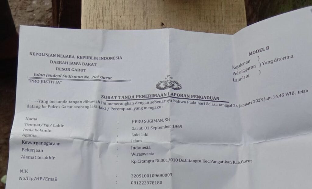 Surat Tanda Penerimaan Laporan Pengaduan Heru Sugiman di Polres Garut. Heru Sugiman Ketua Gabungan Wartawan Nekat